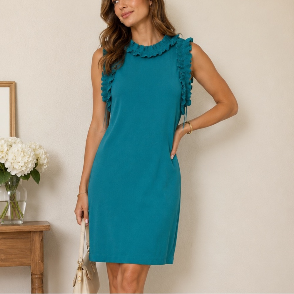 Adrianna Papell Teal Ruffle-Trim Midi Dress